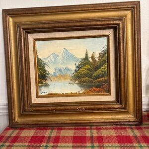 Vintage Original Signed Oil Painting | Mountain Lake Landscape Art | Gold Frame